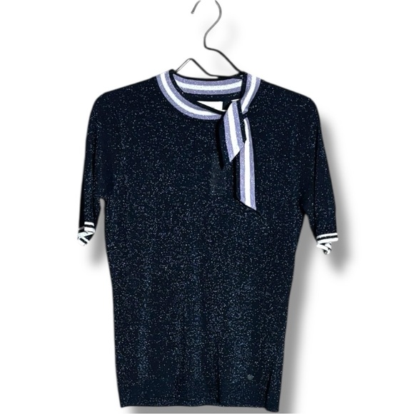 Anthropologie NUMPH Sparkly Navy with White Accents Short Sleeve Tie Collar Top - Picture 9 of 16